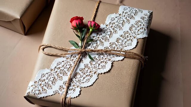Beautifully Wrapped Gift Box Adorned with Lace Ribbon and Fresh Red Roses on Kraft Paper Background for Special Occasions