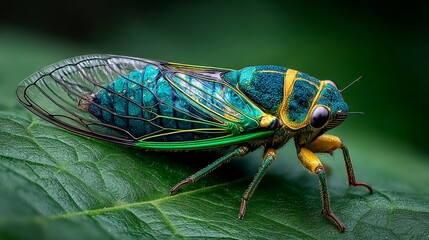 Close-up insect photography of cicada on vibrant green leaf, same composition as reference with insect positioned left facing right