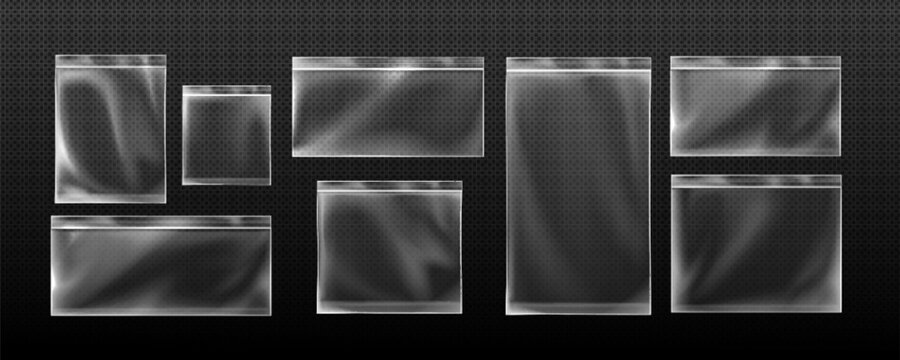 Zip lock bag set with transparent plastic pouches and seal strips for storage. Various sizes of resealable containers for food or small items. Empty packaging mockups with airtight closure system.