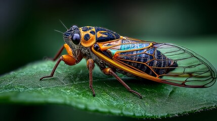 Close-up insect photography of cicada on vibrant green leaf, same composition as reference with insect positioned left facing right