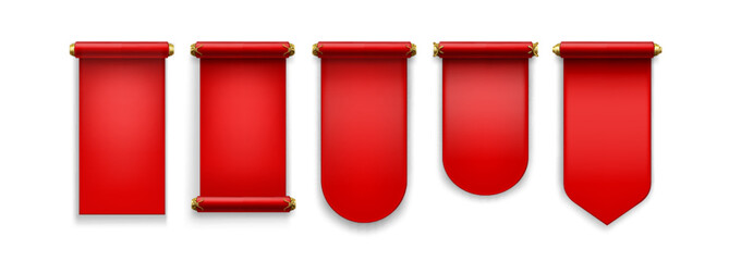 Naklejka na ściany i meble Chinese scroll paper set with red banners and decorative handles for royal announcements. Traditional blank parchments with rectangular, rounded and pointed edges. Ceremony templates for messages