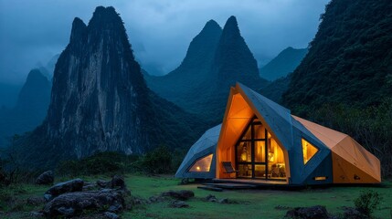 In the outdoor grass, there is an orange futuristic minimalist style geometric shape tent with black edges and yellow lights inside