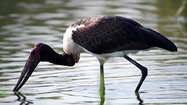 Elegant Saddle Billed Stork Wading in Shallow Water Under Bright Daylight