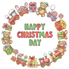 Obraz premium Whimsical christmas wreath with teddy bears trains and gifts wishing happy christmas day