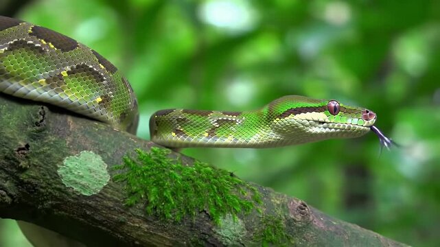 Emerald Tree Boa Coiled on Mossy Branch in Green Forest Wildlife Close Up