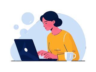 Vector art of woman working on laptop with coffee