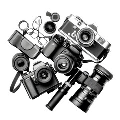 Black and white collection of vintage cameras