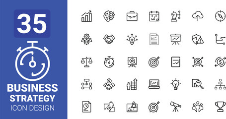 Business Strategy Line Icons Set – 35 Outline Symbols for Planning, Marketing, Analytics, Startup and Management