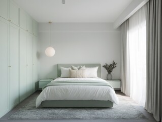 A serene bedroom with pale green accents and soft lighting, showcasing a minimalist aesthetic.