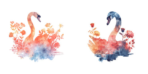 abstract color silhouette of swan and flowers watercolor vector illustration © Dar