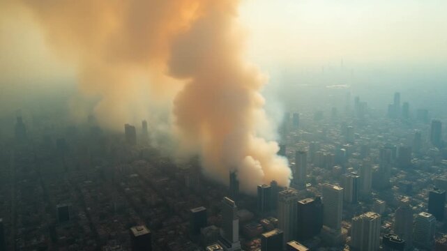 smoke are enveloping the private sector of the city as a result of a fire after a drought. Aerial view