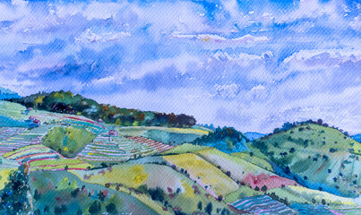 Travel rural village beautiful farm landmarks in Thailand. Watercolor landscape original paintings on paper colorful of Village rural.