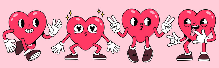 Cartoon groovy heart characters with leg poses, retro mascot figures for valentine designs. Red animated love symbols with sneakers and gloved hands. Cute kawaii style for stickers or greeting cards.