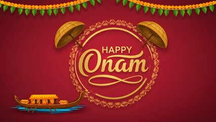 Happy Onam festival illustration with boat, umbrellas, and floral decorations on red background.