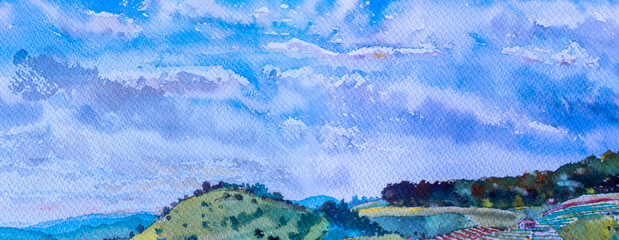 Watercolor landscape painting colorful of village, mountain in the panorama view and cornfield farm.