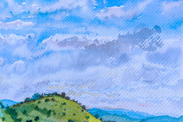 Travel rural village beautiful farm landmarks in Thailand. Watercolor landscape original paintings on paper colorful of Village rural.