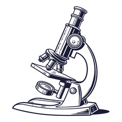 Vintage style scientific microscope illustration with detailed drawing and dark blue ink on white background