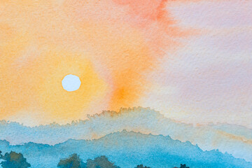 Watercolor landscape paintings colorful mountain sunset and sky cloud in abstract background.