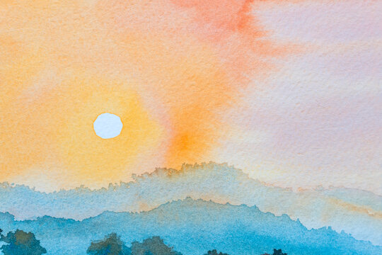 Watercolor landscape paintings colorful mountain sunset and sky cloud in abstract background.