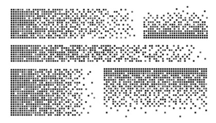 Fototapeta na wymiar Cube pixel pattern set with black geometric dispersal effects, digital dissolution and data fragmentation for tech designs. Matrix grid backgrounds with scattered blocks. Glitch art transitions