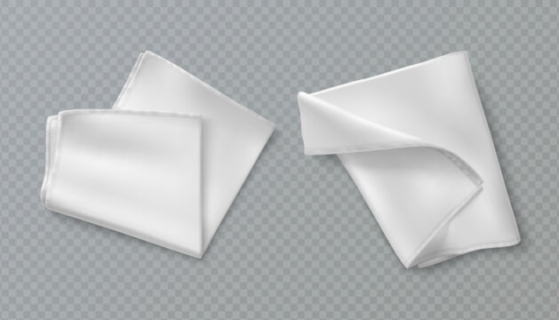 Towel handkerchief mockup with white folded fabric, realistic cloth wrinkles for hygiene products. Clean cotton napkins - bathroom or kitchen linens for branding or household item presentations.