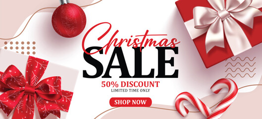 Christmas Sale banner clipart. Christmas Sale banner card template clip art for December 50% off special offer discount in abstract background design with red gift boxes, ball and candy cane xmas 