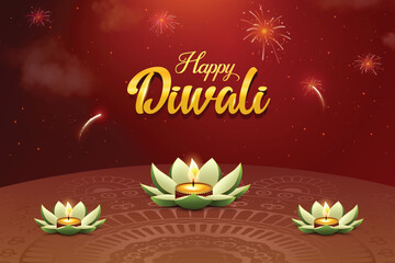 Happy Diwali With Flower Shaped Diya And Fireworks On Red Background. Indian Hindu Festival Concept For E-commerce Greetings, Poster, Banner Etc.