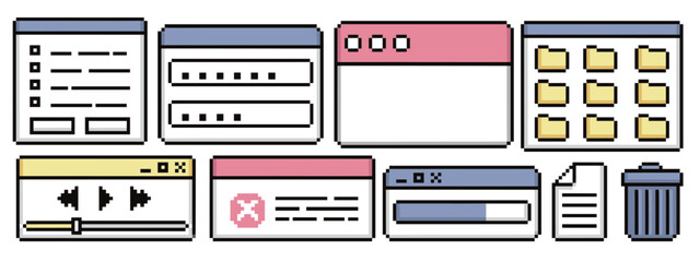 Pixel UI elements with frames and browser windows, media player and folder grid for retro interface design. 8 bit error dialog, loading bar with document icon. Vintage operating system or game menu.
