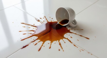 Spilled coffee cup on white floor showcasing accident and carelessness in daily life