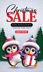 Christmas Sale poster clipart. Cute penguin characters for Christmas sale limited time discount offer clip art in snow winter background holiday season advertisement flyers banner design vector 