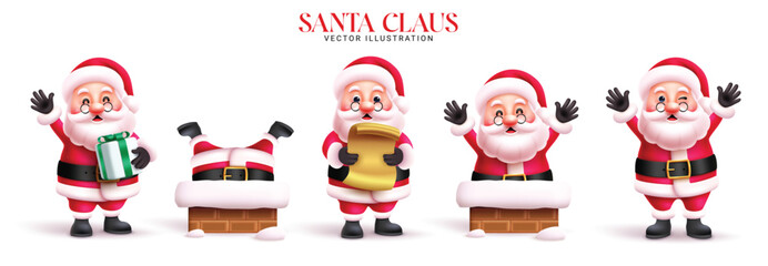 Christmas Santa Claus characters clipart banner. Santa Claus character clipart collection in chimney with playful, funny and jolly faces xmas Santa cartoon design set vector illustration.
