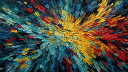 Obraz premium Explosive Abstract Burst of Vibrant Colors, Textured Paint Strokes Radiating Outward.