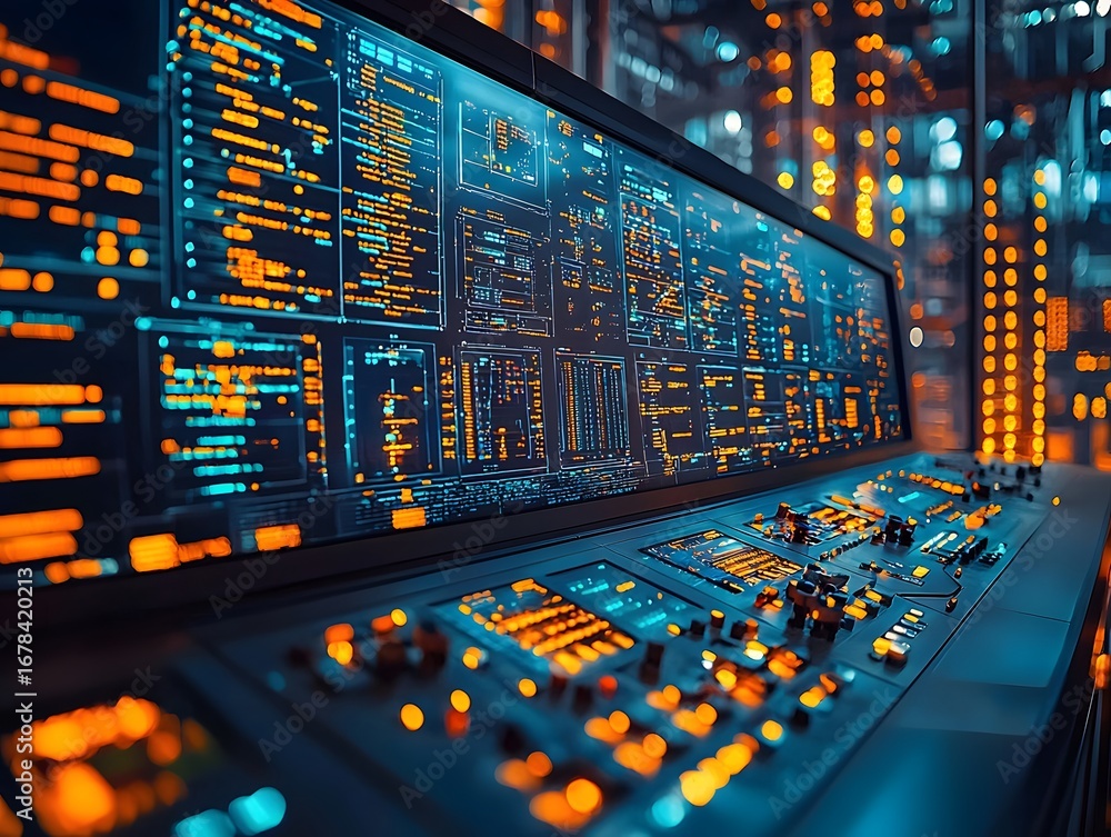 Poster a vibrant digital control panel with complex data displays and glowing interfaces in a futuristic hi