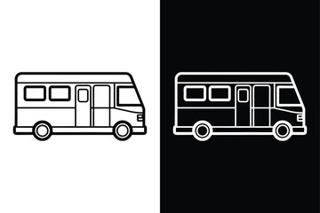 Camper Van Outline Vector. Clean Minimalist RV Line Icon on White Background