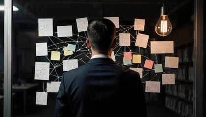 Focused businessman analyzing a complex strategy on a glass board in a dark office.