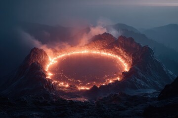 Volcanic crater ring of fire.  Mountain peak, glowing fiery orange ring,  surrounding a dark pool, hazy smoke,  twilight sky,  rocky landscape
