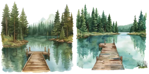 Fototapeten Pier forest lake with wooden dock watercolor vector illustration  © Dar