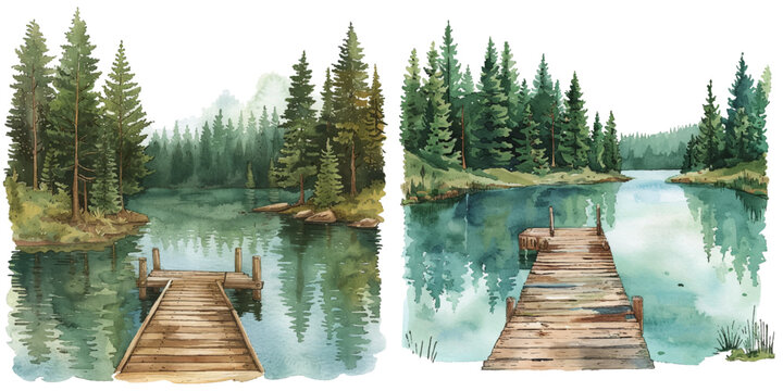 forest lake with wooden dock watercolor vector illustration