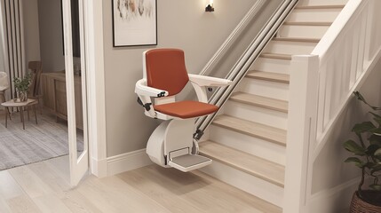 Modern stair lift providing safe and comfortable mobility for seniors in a beautifully designed home interior, Generative AI.