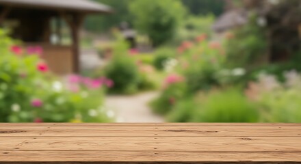 A wooden tabletop with a blurred background of a tranquil, colorful summer garden