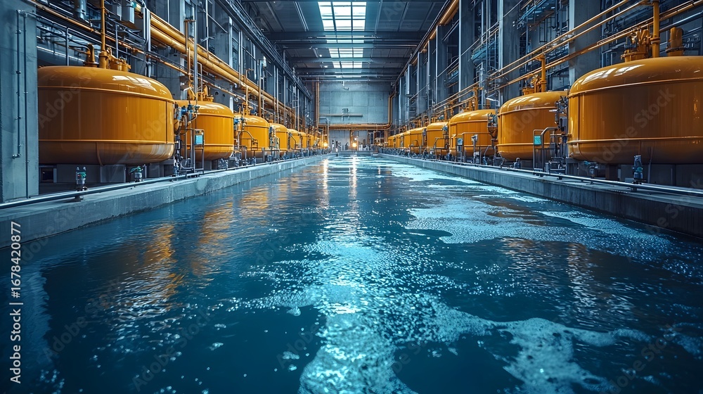Poster modern industrial facility with rows of yellow processing tanks and a central channel of circulating