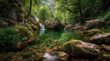 Crystal-clear mountain stream, lush forest, tranquil scene