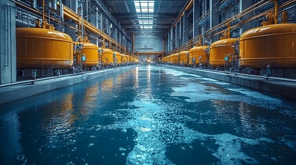 Modern industrial facility with rows of yellow processing tanks and a central channel of circulating blue water for purification