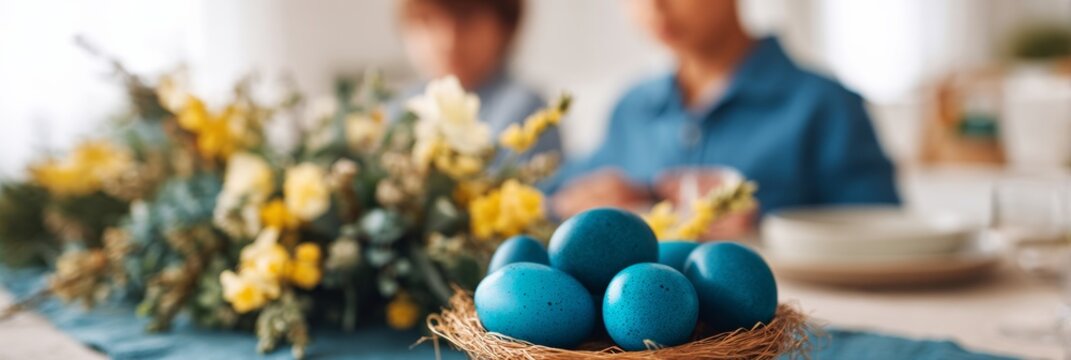 Blue eggs nestle in rustic hay amidst floral splendor, capturing springtime renewal and Ostara's vibrant rebirth rituals