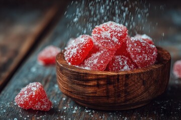 Heart-shaped red candies in a wooden bowl, dusted with sugar