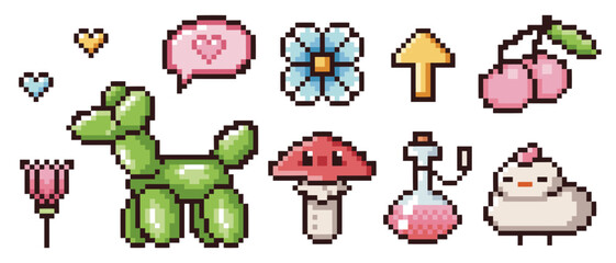 Cute pixel icon set with retro gaming elements - balloon dog, cherries and mushroom, flower and potion bottle, sheep and hearts on white background. 8 bit nostalgic digital interfaces or game assets.