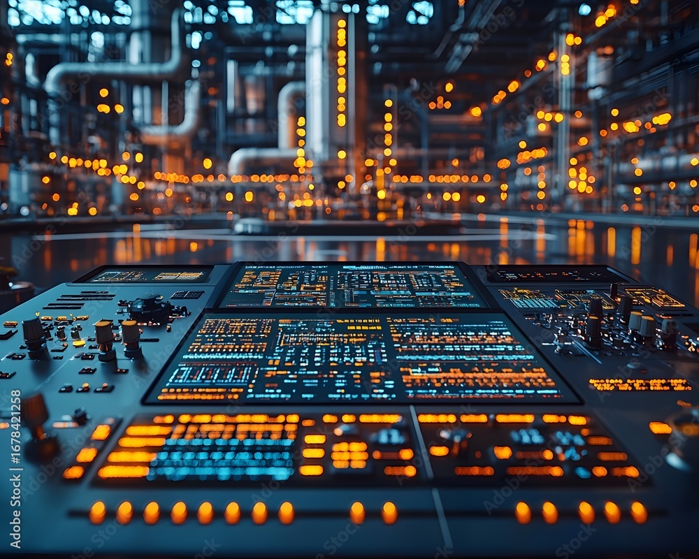Aufkleber a futuristic digital control panel with illuminated screens and buttons in an advanced industrial fa
