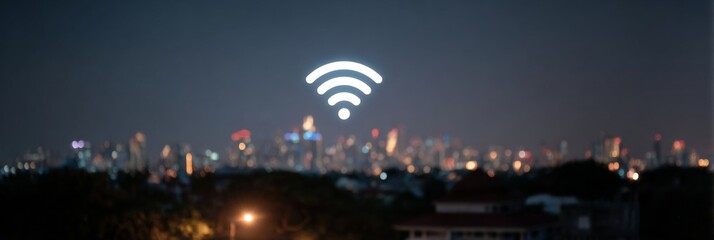 WiFi symbol hovering like a digital aurora over nocturnal cityscape, capturing World Internet Day and surreal urban connectivity
