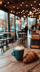 A teal mug of latte art sits on a wooden table in a cozy cafe.  Blurred background shows a busy interior with tables, chairs, and warm lighting