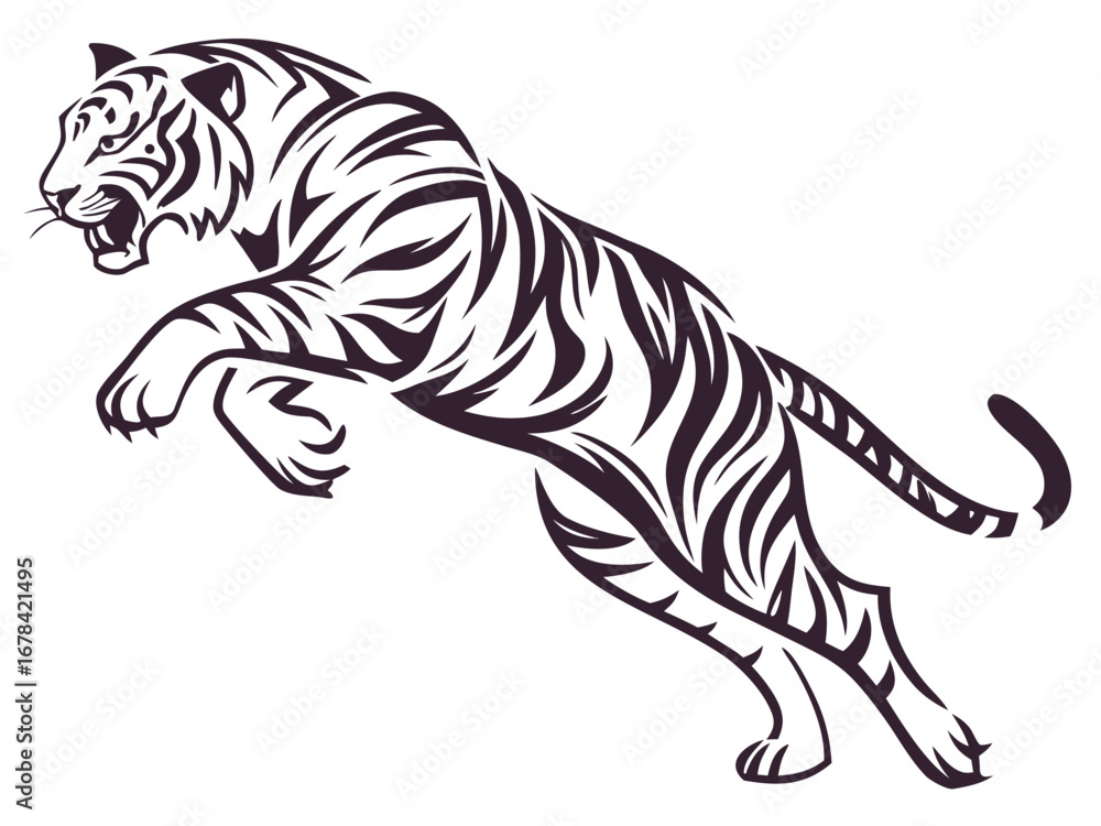 Poster illustration of a tiger leaping with black stripes and a white background in a vector format created